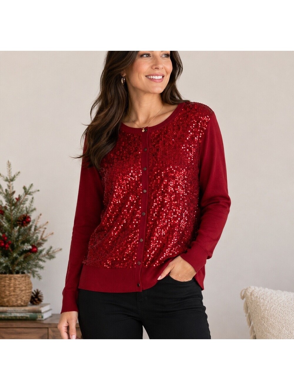JM Collection Red Sequin Cardigan Sweater Womens PXL Holiday Coquette Cottage